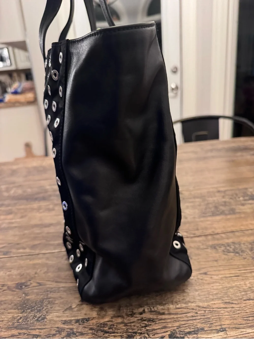 Auth. Prada Black Grommet/Eyelet Nylon & Calfskin with Leather interior Tote Bag